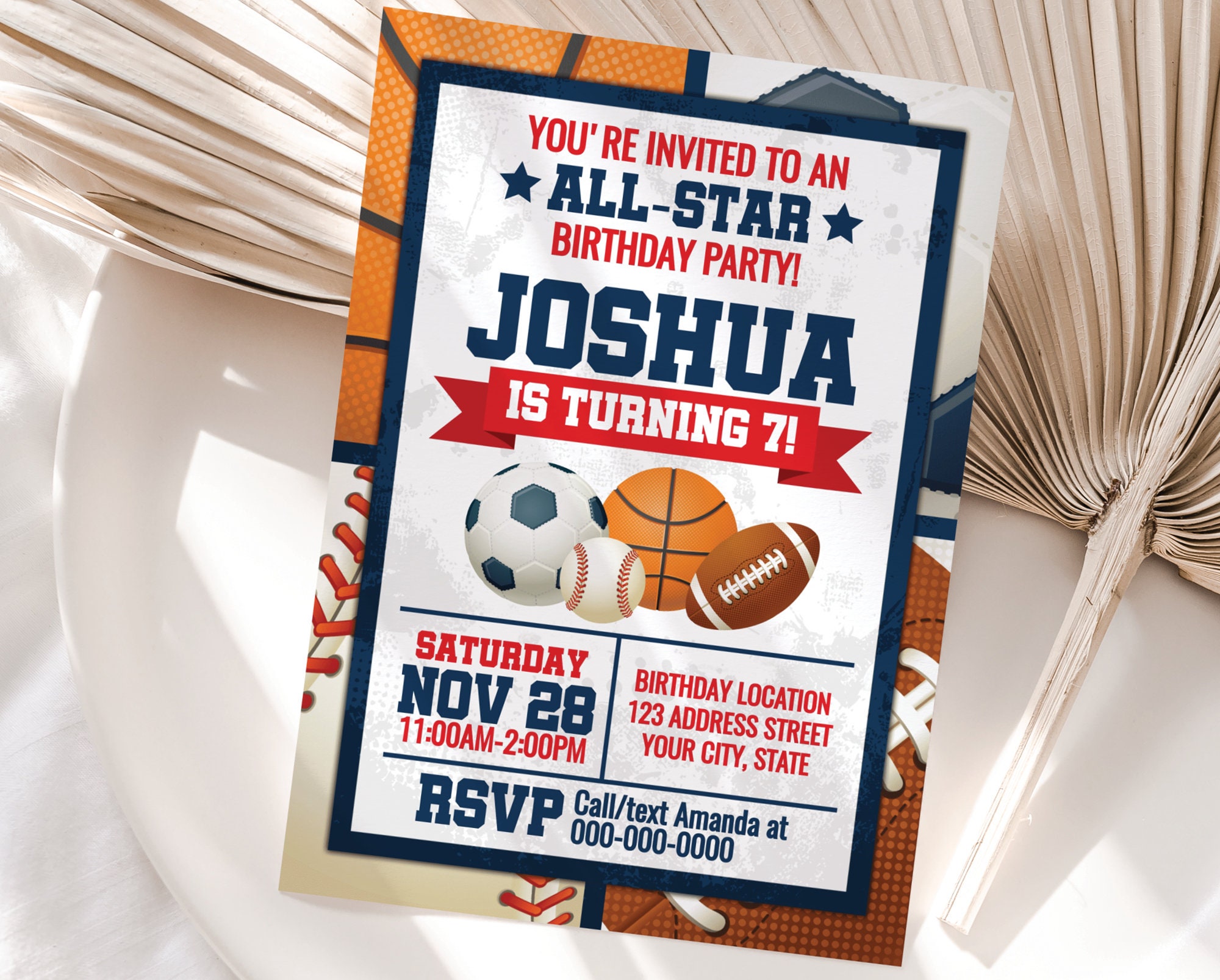 Sports Birthday Invitation, Sports Invitation Template , Sports Editable Invitation, All Star Party Invite Corjl S17-1 (Digital file only)