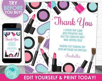 Spa Thank You Card, Glamour Thank You Card, Makeup Printable Personalized, Glam Birthday Corjl S0019 (Pdf / Jpg file only)