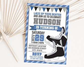 Skating Birthday Printable Invitation, Skating Invitation, Hockey Editable Invitation, Hockey Party Invite Corjl S0036 (Pdf / Jpg file only)