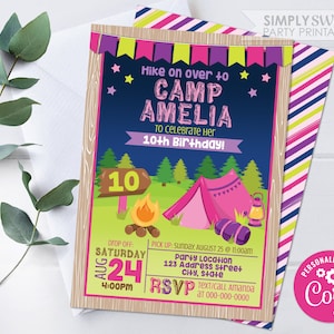 Editable Camping Invitation, Camp Birthday Invitation, Girl Camper Party Glamping Invite, Printable, Corjl S0022 (Pdf & Jpg file only)