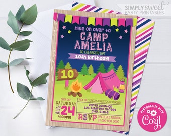 Editable Camping Invitation, Camp Birthday Invitation, Girl Camper Party Glamping Invite, Printable, Corjl S0022 (Pdf & Jpg file only)