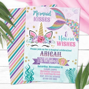 Editable Mermaid Unicorn Invitation, Unicorn Mermaid Birthday Invitation, Mermaid Unicorn Personalized Invite, S0097 (Pdf / Jpg file only)