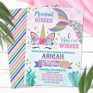 Editable Mermaid Unicorn Invitation, Unicorn Mermaid Birthday Invitation, Mermaid Unicorn Personalized Invite, S0097 (Pdf / Jpg file only)