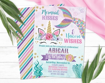 Editable Mermaid Unicorn Invitation, Unicorn Mermaid Birthday Invitation, Mermaid Unicorn Personalized Invite, S0097 (Pdf / Jpg file only)
