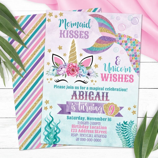 Editable Mermaid Unicorn Invitation, Unicorn Mermaid Birthday Invitation, Mermaid Unicorn Personalized Invite, S0097 (Pdf / Jpg file only)