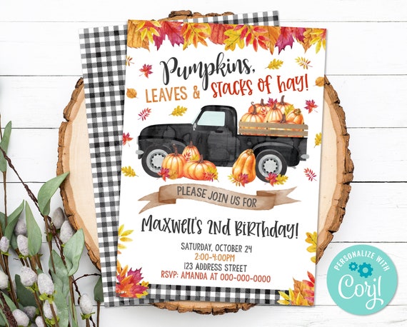 Editable Pumpkin Invitation, Fall pumpkin boy truck Birthday Invitation, Truck Party Invite, Autumn Invite S0157 Corjl (Pdf / Jpg file only)