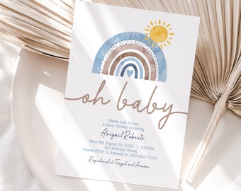 Rainbow Baby Shower Invitation, Sunshine Baby Shower Invitation , Editable Template, Boy Baby Shower Invitation B1V (Digital file only)