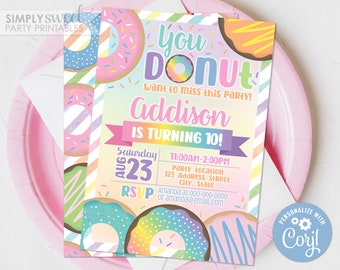 Editable Donut Birthday Invitation, Donut Invitation, Donut Invitation, Doughnut Party Invite S0177 Corjl (Pdf / Jpg file only)