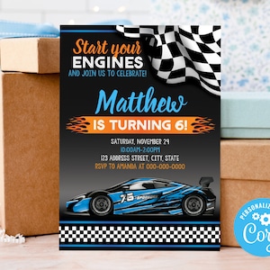 Editable Race Car Birthday Invitation, Race Car Invitation, Race Car Personalized Party Invite S0146 Corjl (Pdf / Jpg file only)