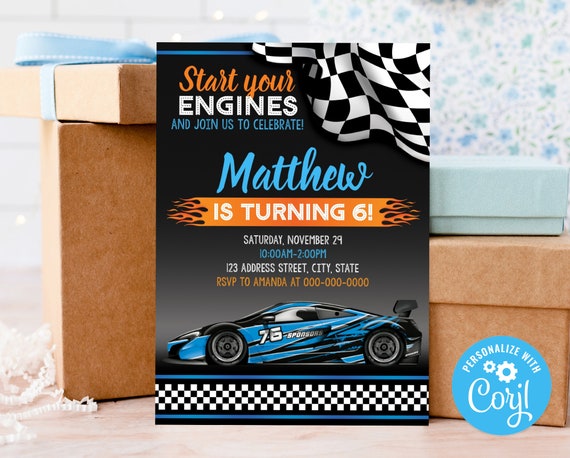 Editable Race Car Birthday Invitation, Race Car Invitation, Race Car Personalized Party Invite S0146 Corjl (Pdf / Jpg file only)
