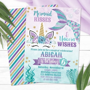 Editable Mermaid Unicorn Invitation, Unicorn Mermaid Birthday Invitation, Mermaid Unicorn Personalized Invite, S0095 (Pdf / Jpg file only)