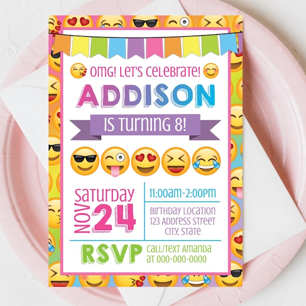 Emoji Printable Birthday Invitation, Emoji Invitation, Emoji Editable Invitation, Emoji Party Invite Corjl S0010 (Pdf / Jpg file only)