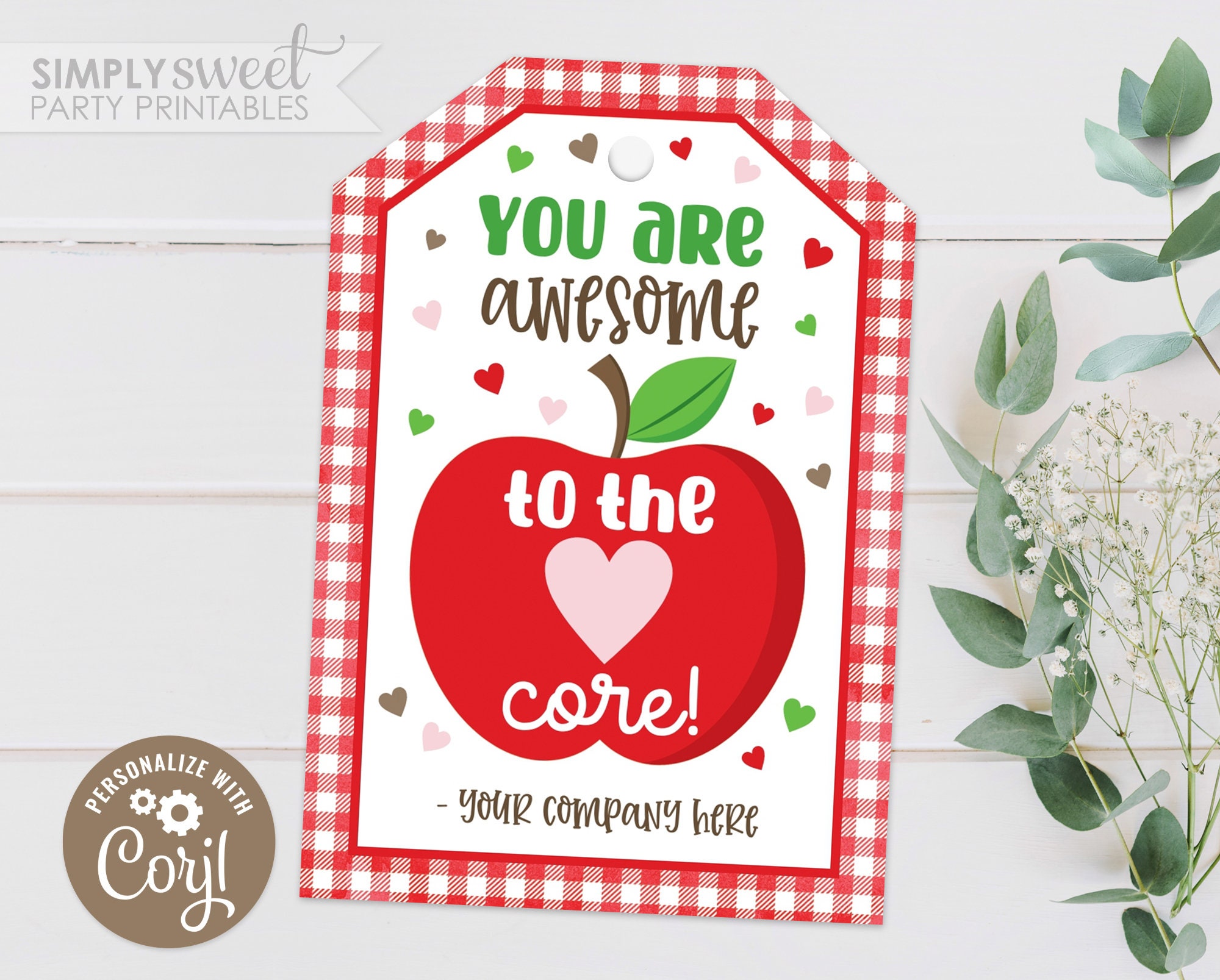 Editable Apple Gift Tag, You are awesome to the core, Teacher Volunteer Nurse Staff Thank You Corjl GT0070 (Pdf / Jpg file only)