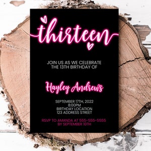 Editable 13th Birthday Neon Light Invitation, thirteenth party invite, thirteen neon text birthday invite Corjl S0200 (Pdf / Jpg file only)