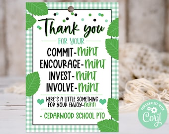 Afdrukbare tag Appreciation Mint | Bewerkbaar muntlabel waardering leraar | Vriend | Personeel | Leraar | Corjl T0084 (alleen digitaal bestand)