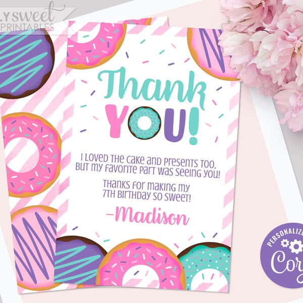 Editable Donut Thank You Card, Donut Thank You Card, Donut Printable Personalized, Donut Birthday Corjl S0175 (Pdf / Jpg file only)