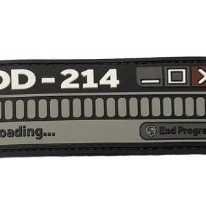 May include: Black and gray patch with white text that reads "DD-214" and a progress bar with the text "Loading..." and "End Progress".