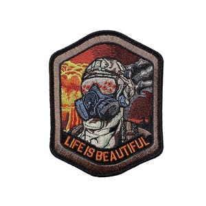 Life is Beautiful - Field of Poppies Reflected in M5O CBRN Gas Mask - Tactical Morale Patch with Hook-Fastener Backing