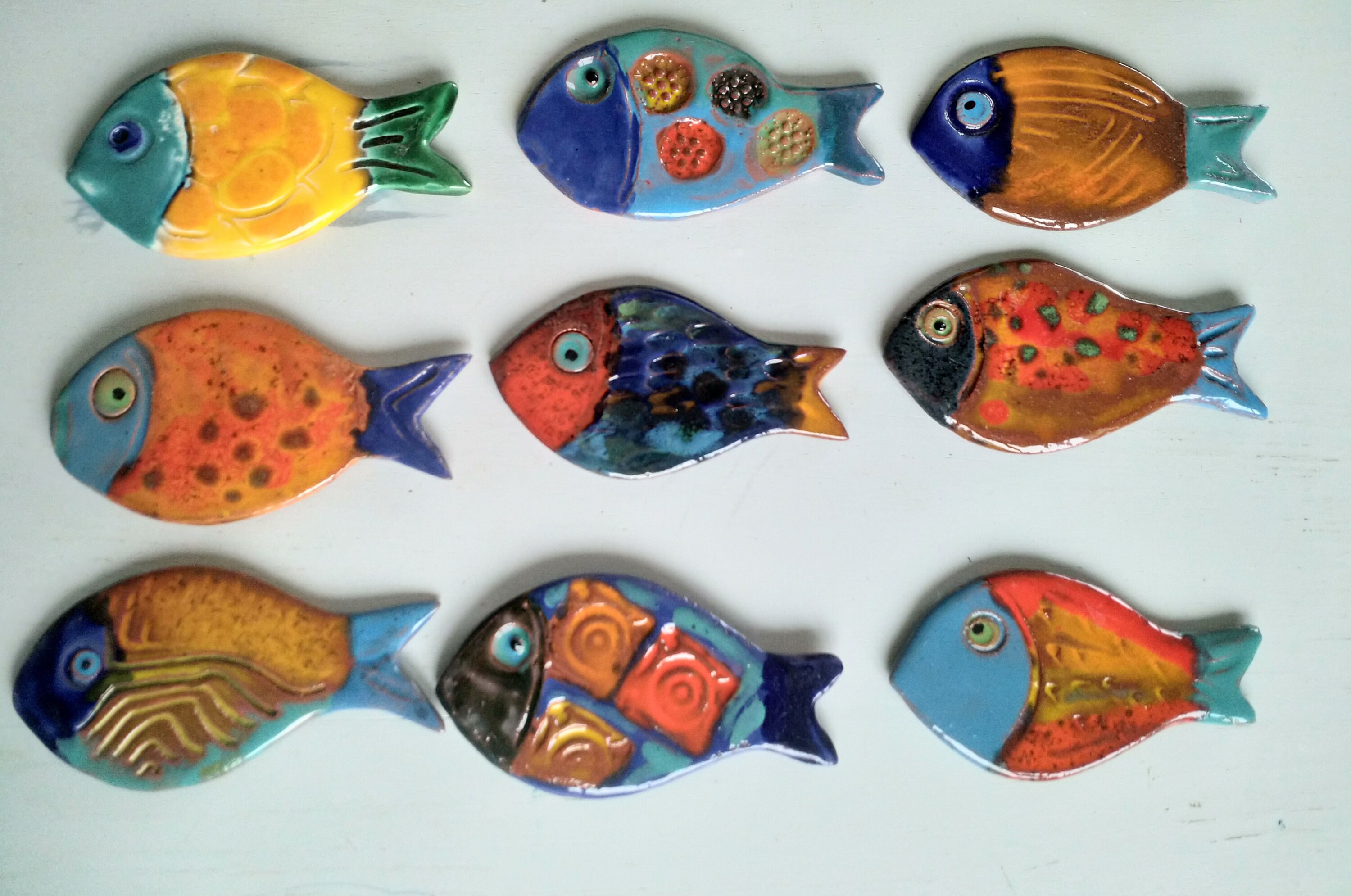 Poissons en Faïence Émaillée , Pièce Unique Art Mural Mosaïque , Décoration Marine