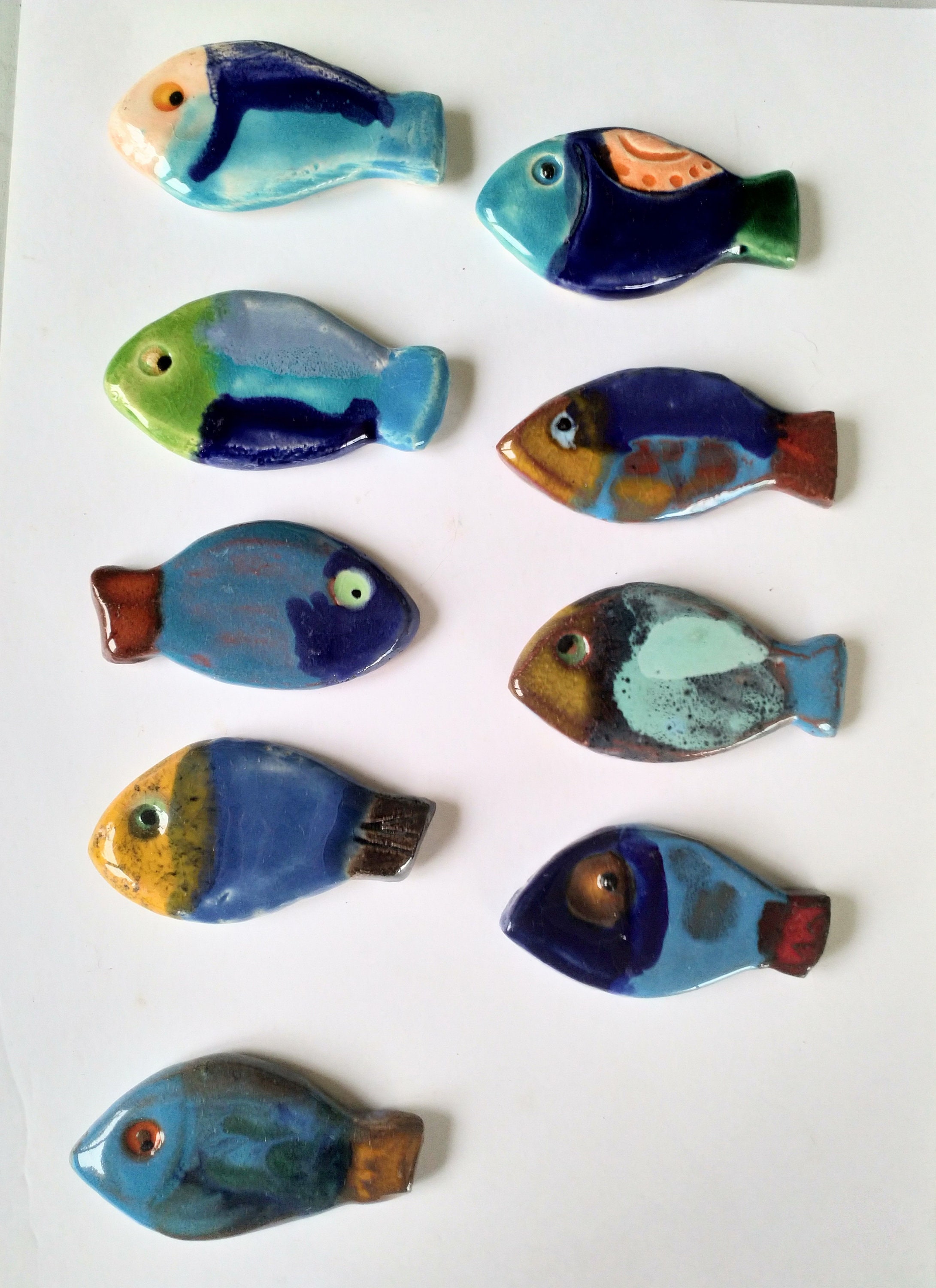 Poissons en Faïence Émaillée , Pièce Unique Art Mural Mosaïque , Décoration Marine