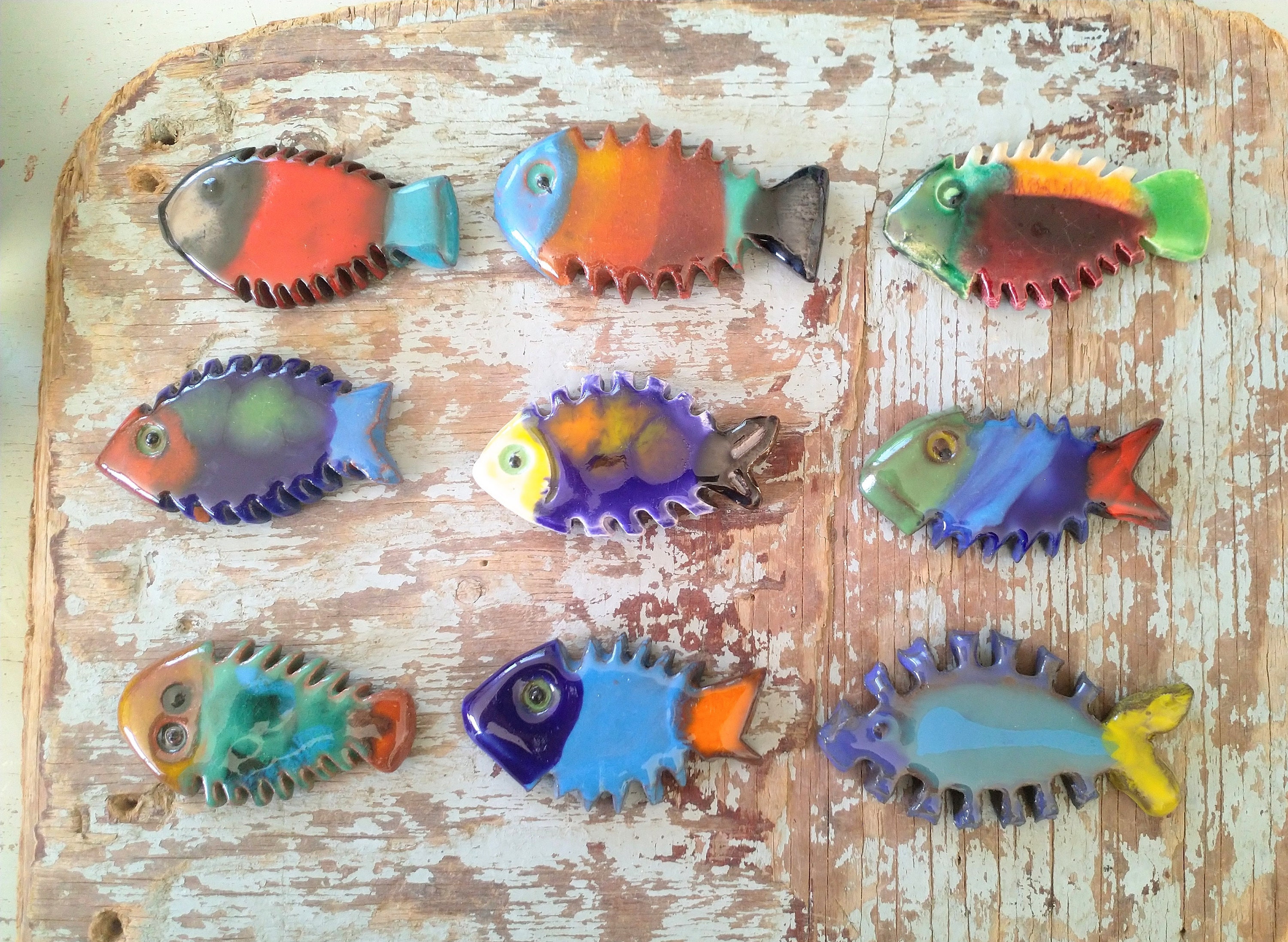 Poissons en Faïence Émaillée , Pièce Unique Art Mural Mosaïque , Décoration Marine