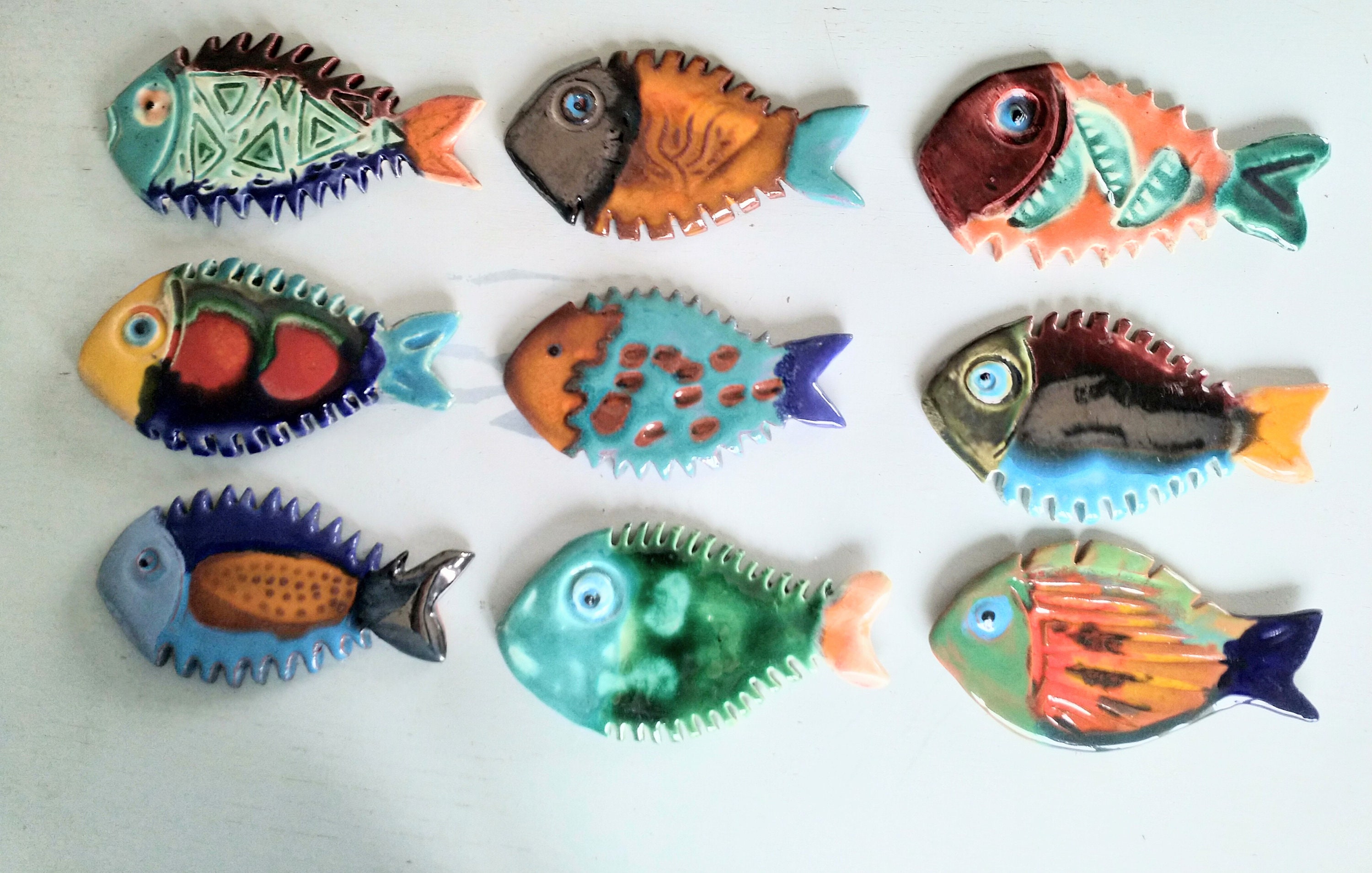 Poissons en Faïence Émaillée , Pièce Unique Art Mural Mosaïque , Décoration Marine