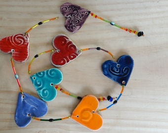 Valentines Day gift idea Garland of 7 hearts in ceramics, enamels, wall decor, unique piece