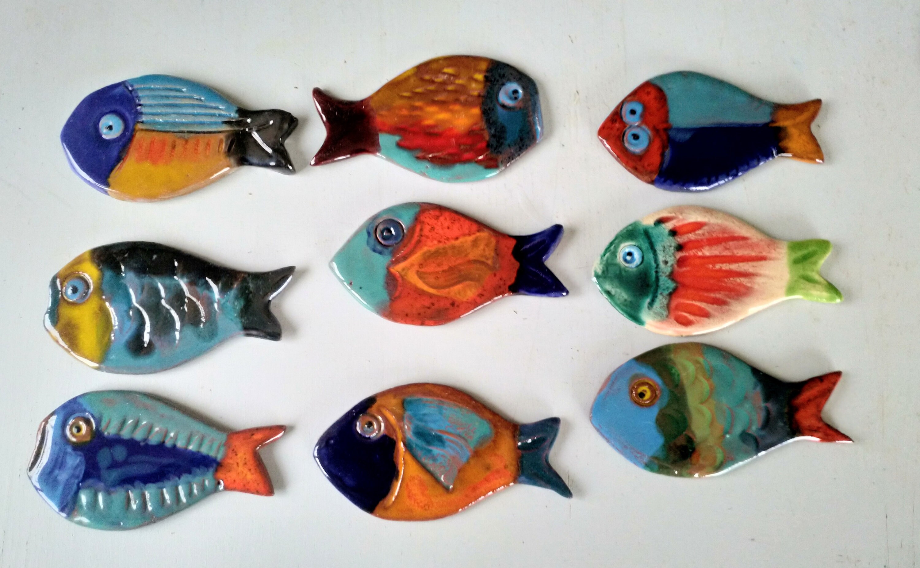 Poissons en Faïence Émaillée , Pièce Unique Art Mural Mosaïque , Décoration Marine