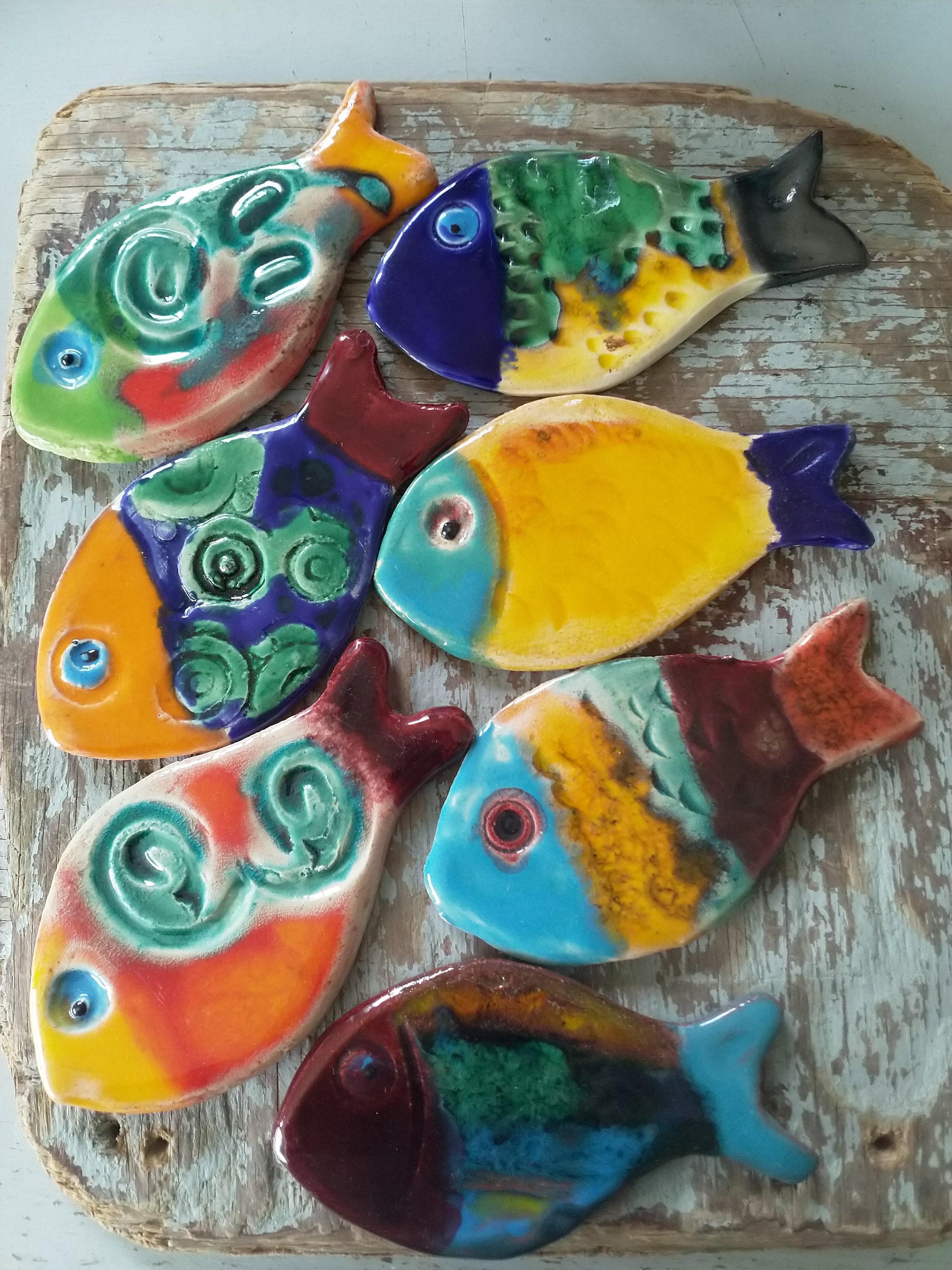 Poissons en Faïence Émaillée , Pièce Unique Art Mural Mosaïque , Décoration Marine