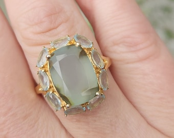 Moss Agate & Aquamarine Sterling Silver Ring - Size 9