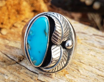 Vintage Southwestern Turquoise Heavy Sterling Silver Leafwork Men's Ring - Size 12