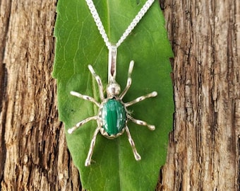 Southwestern Malachite Sterling Silver Spider Pendant Necklace