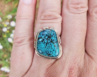 Native American Spiderweb Turquoise Sterling Silver Ring - Hallmarked "JK" - Size 7