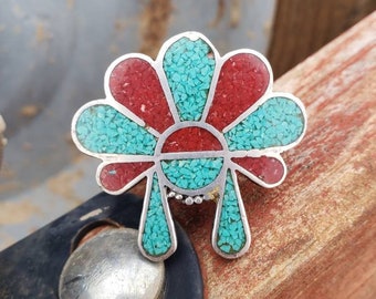 Vintage Zuni Sun God Turquoise and Coral Chip Inlay Sterling Silver Ring - Size 5.5