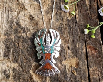 Zuni Thunderbird Pendant with Turquoise and Coral Chip Inlay Sterling - Hallmarked "F. DAN"