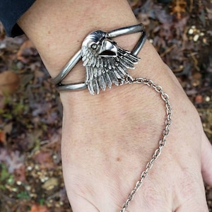 Vintage 1980's Silver American Eagle G&S Biker Chained Ring and Cuff Slave Bracelet - Ring Size 9
