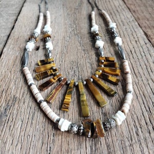 Handmade Native American Tigers Eye Heishi Bead Liquid Silver Double Stranded Necklace image 2