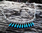 Vintage Sterling Silver Southwestern Needlepoint Turquoise Necklace