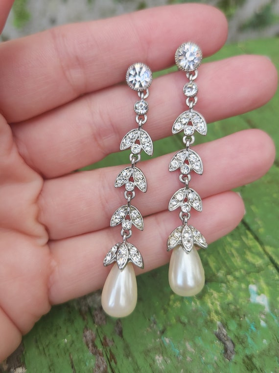 Vintage Rhinestone & Pearl Dangle Earrings - image 3