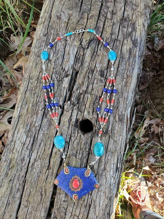 Nepalese Lapis, Turquoise and Coral Beaded and Bra