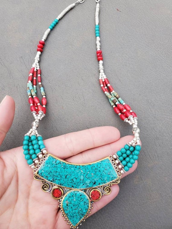 Turquoise and Coral Nepalese Silver and Brass Necklace With