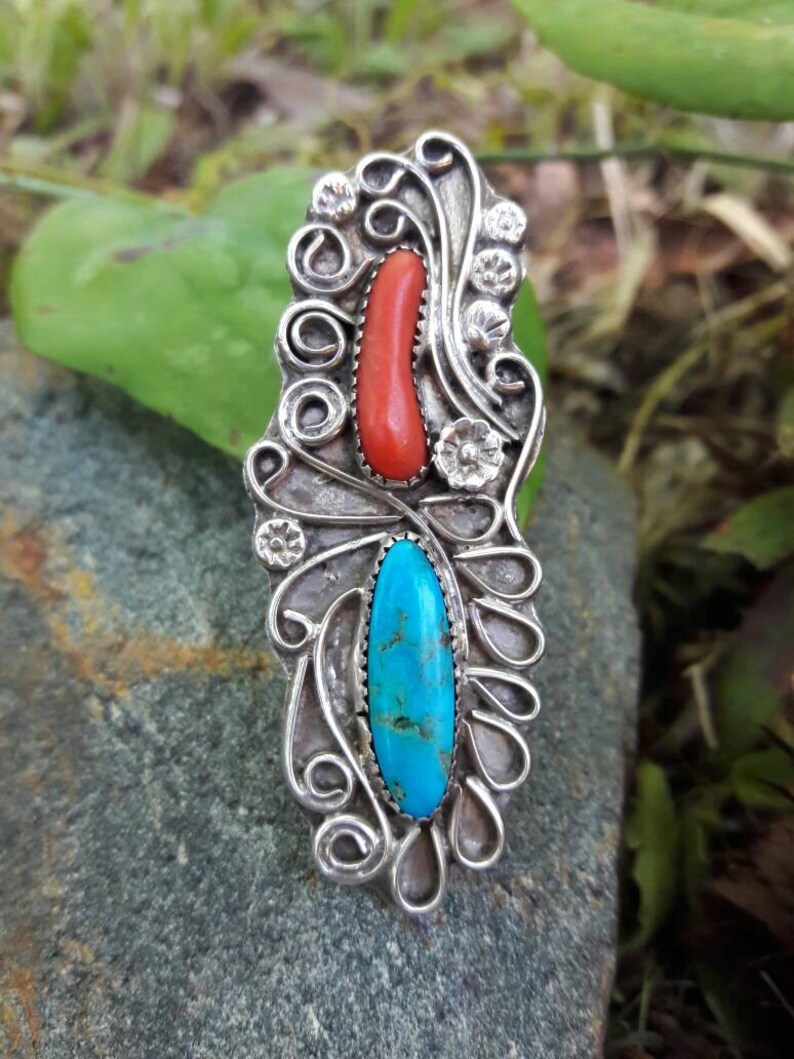 Size 9.5 Huge Vintage Southwestern Sterling Silver Turquoise and Coral Ring 2.5 Length