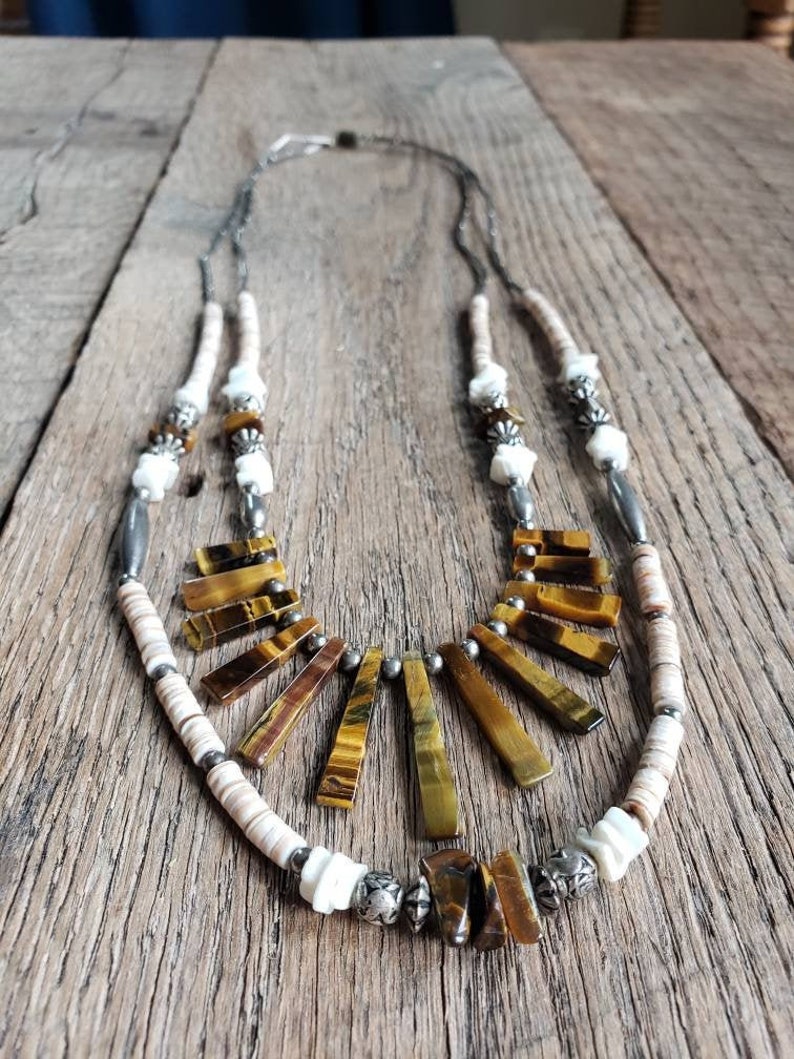 Handmade Native American Tigers Eye Heishi Bead Liquid Silver Double Stranded Necklace image 2