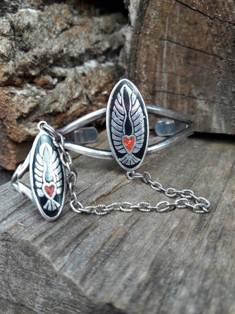 Vintage Winged Heart G/&S Slave Bracelet Ring Size 9