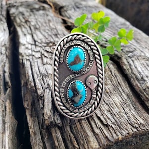 Vintage Southwestern Sterling Silver Double Turquoise Snake Ring - Hallmarked - Size 9