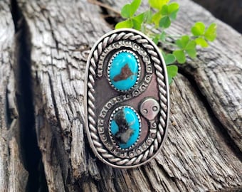 Vintage Southwestern Sterling Silver Double Turquoise Snake Ring - Hallmarked - Size 9