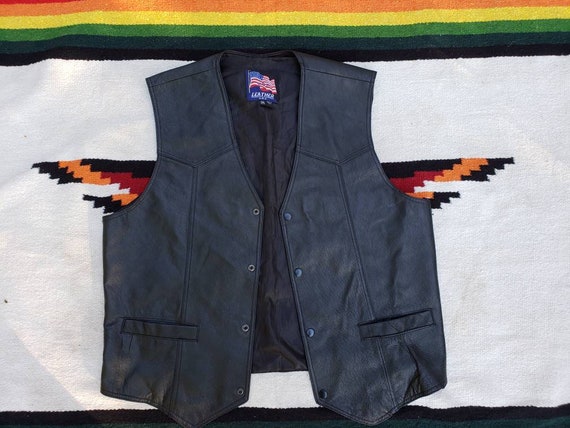 Vintage Black Leather Biker Vest - Size 2XL