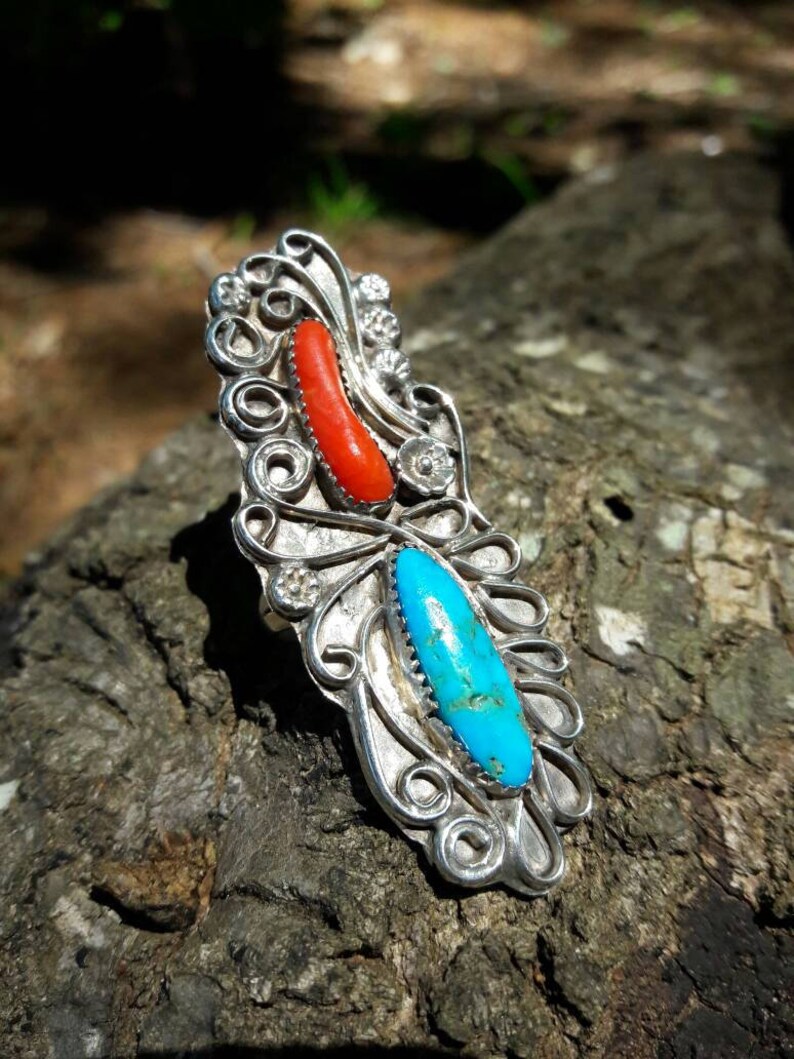 Size 9.5 Huge Vintage Southwestern Sterling Silver Turquoise and Coral Ring 2.5 Length