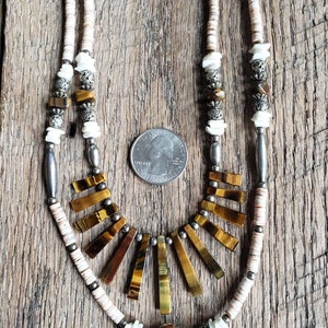 Handmade Native American Tigers Eye Heishi Bead Liquid Silver Double Stranded Necklace image 9