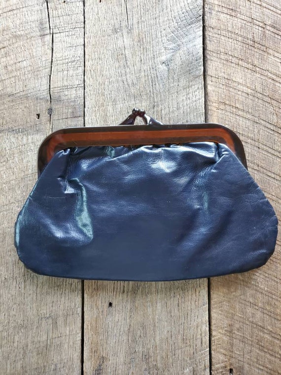 Vintage Blue Clutch Purse with Lucite and Gold Ch… - image 1
